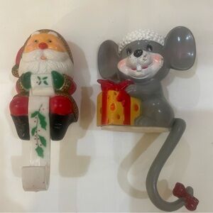 Vtg Christmas Stocking Hanger Set2 - 1 Santa,1 Mouse Shelf Sitters 1985